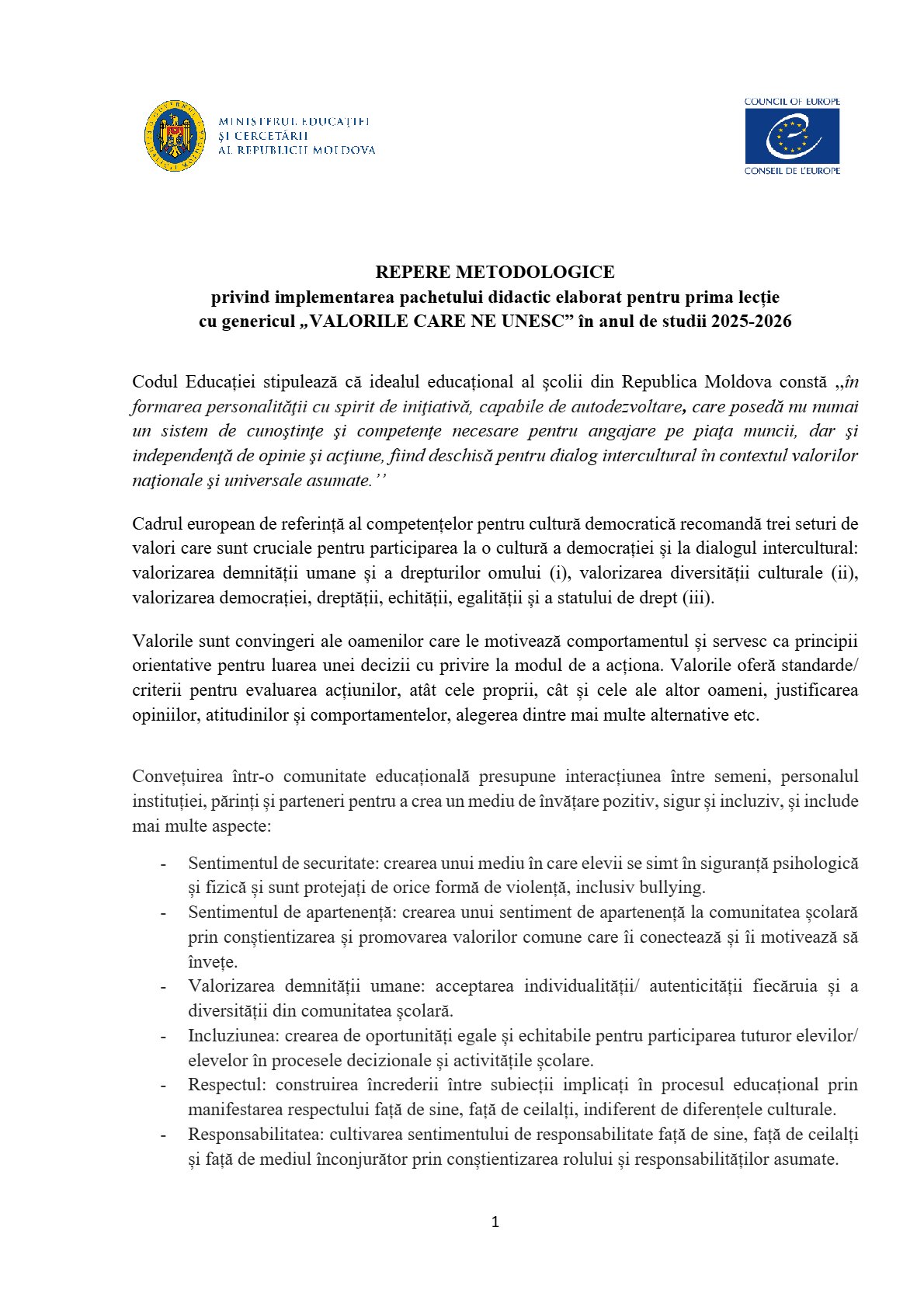 Repere metodologice privind implementarea pachetului didactic pentru Prima lecție - Valorile care ne unesc