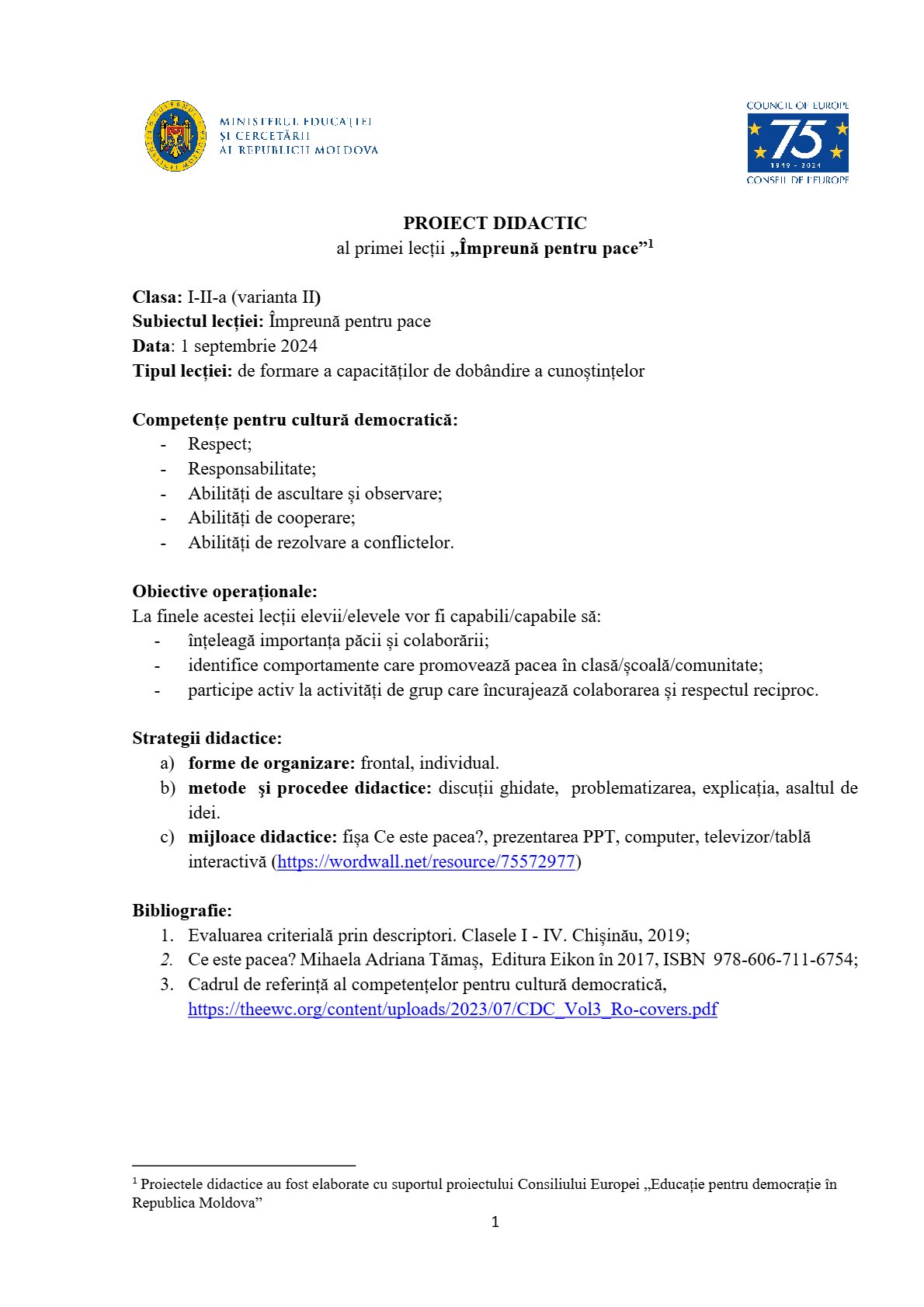 Proiect didactic - Prima lecție: Împreună pentru pace (V2)