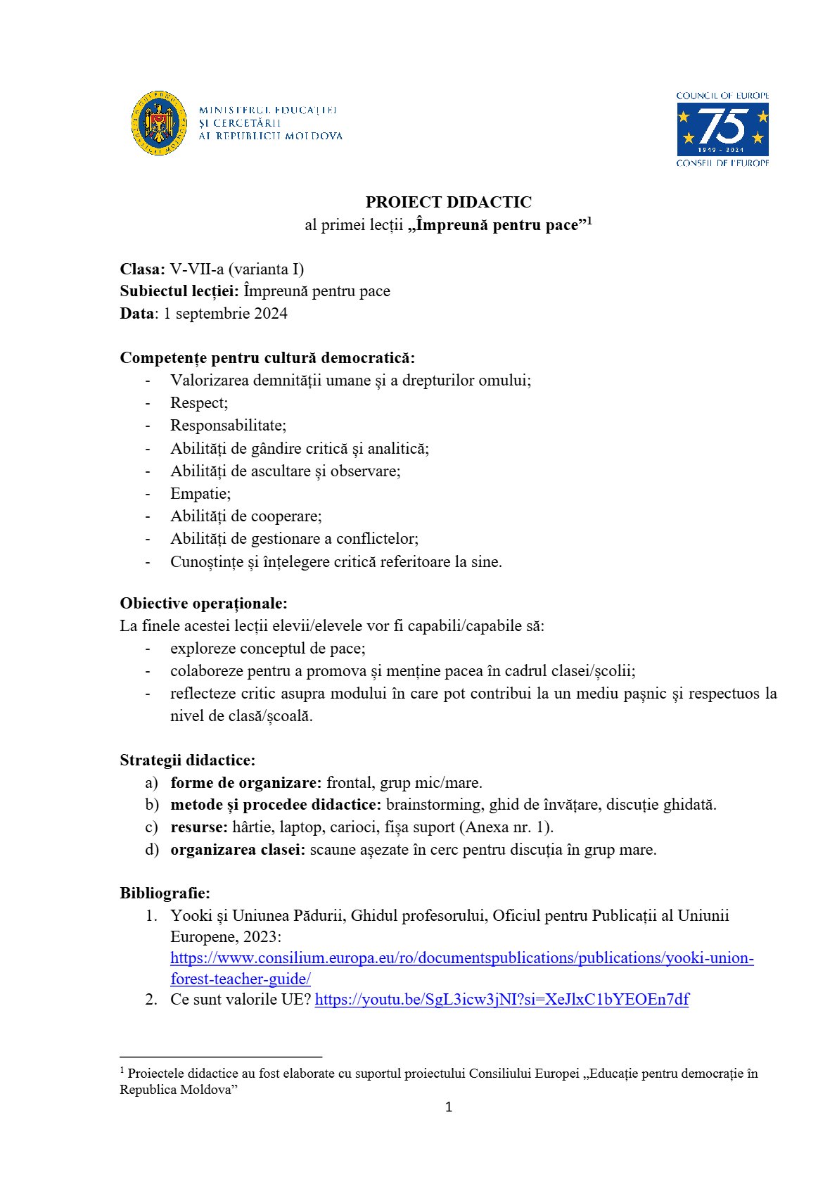 Proiect Didactic - Prima Lecție: Împreună pentru Pace (V1)