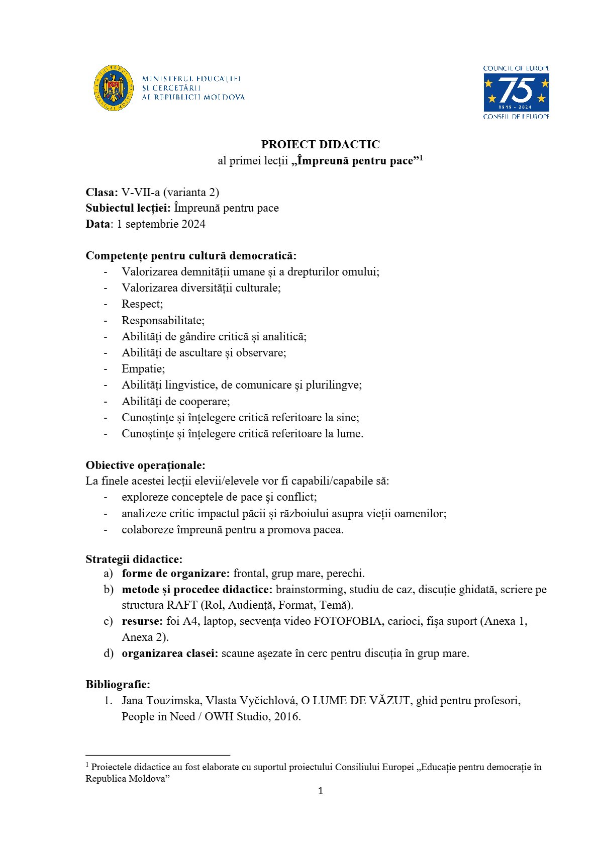 Proiect Didactic - Prima Lecție: Împreună pentru pace (V2)
