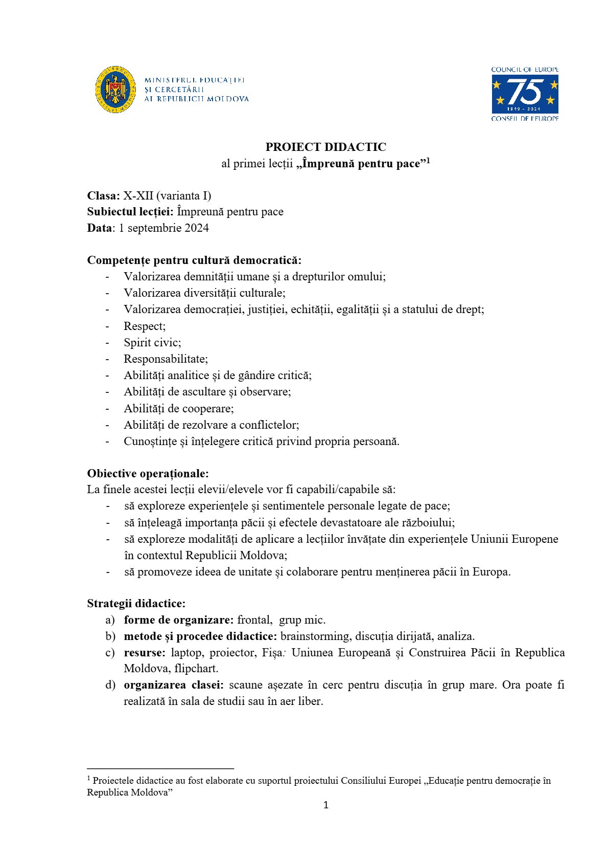 Împreună pentru pace - Proiect Didactic pentru Prima Lecție (V1)