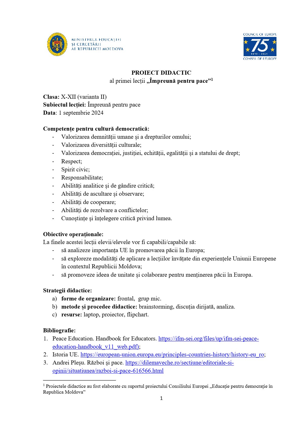 Proiect Didactic - Prima Lecție 'Împreună pentru pace' (Clasa X-XII, Varianta II)