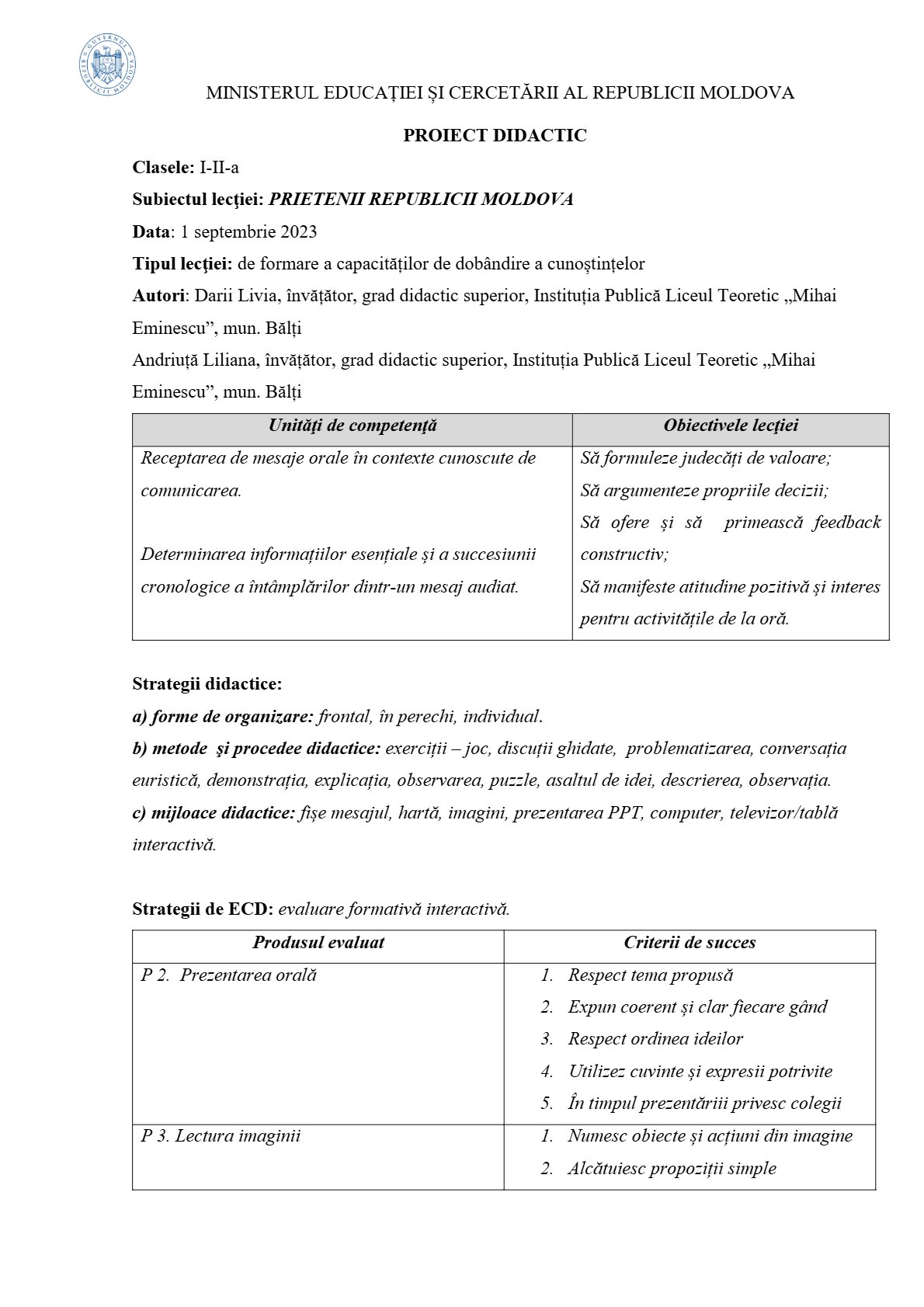 Prietenii Republicii Moldova - Proiect Didactic pentru Clasele I-II (2023)