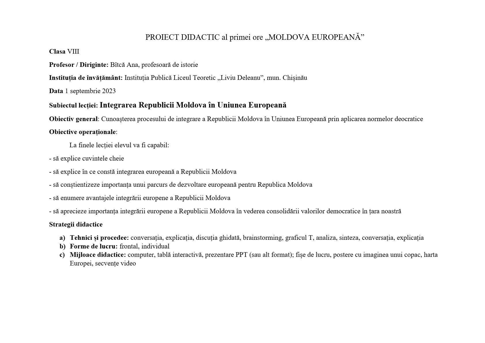 Moldova Europeană. Proiect didactic al primei ore pentru clasa a VIII-a (2023)